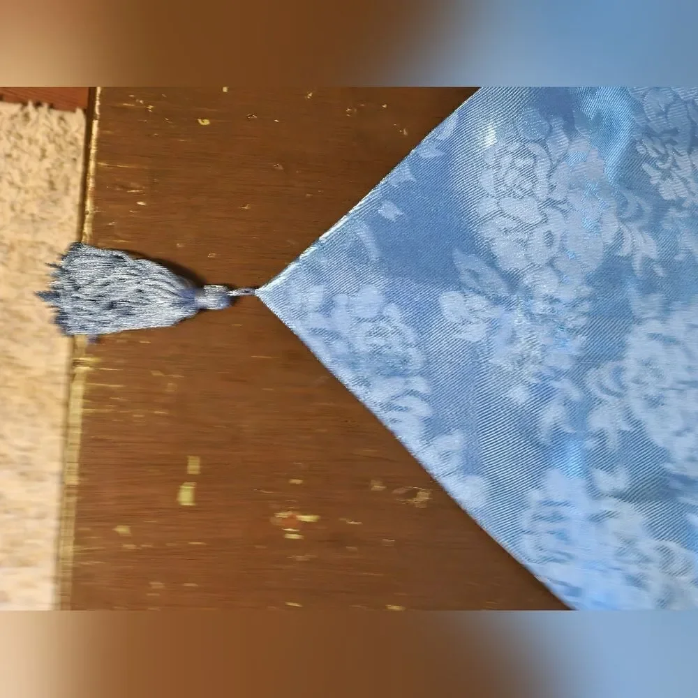 Vintage Set of blue silk floral table runner with 1 matching square